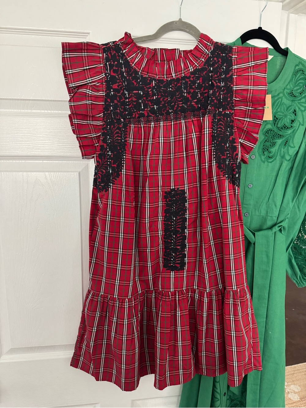 J Marie Rayna Red Christmas plaid dress ruffle neck embroidered size XL EUC
